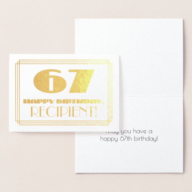 67th Birthday; Name + Art Deco Inspired Look "67" Foil Card (Display)