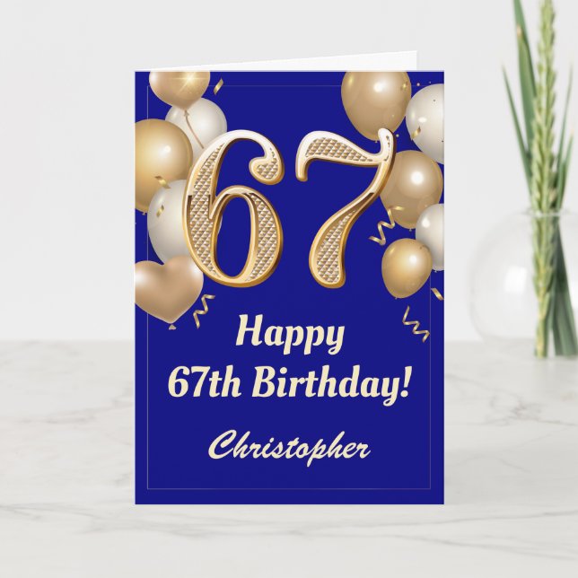 67th Birthday Navy Blue and Gold Balloons Confetti Card (Front)