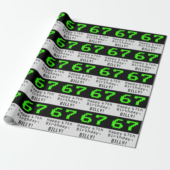 67th Birthday - Nerdy / Geeky Style "67" and Name Wrapping Paper (Unrolled)