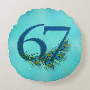 67th Birthday Or Anniversary Peacock Feather Round Pillow