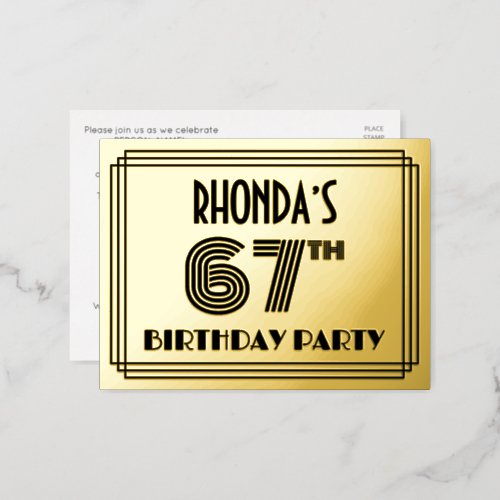 67th Birthday Party  Art Deco Style 67  Name Foil Invitation Postcard