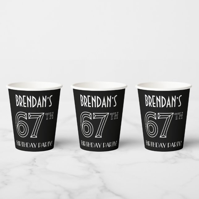 67th Birthday Party: Art Deco Style + Custom Name Paper Cups (Multi)
