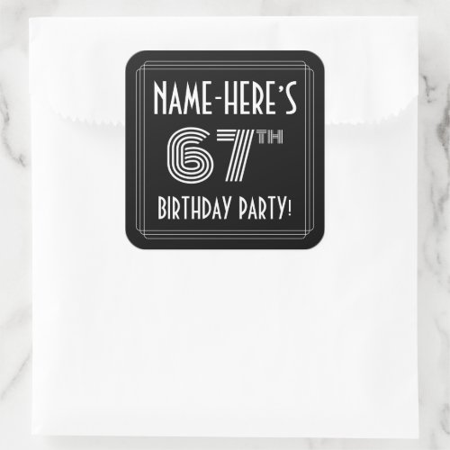 67th Birthday Party Art Deco Style  Custom Name Square Sticker