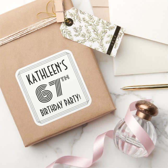 67th Birthday Party: Art Deco Style + Custom Name Square Sticker (Gifting)
