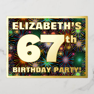 67th Birthday Party: Bold, Colorful Fireworks Look Foil Invitation Postcard