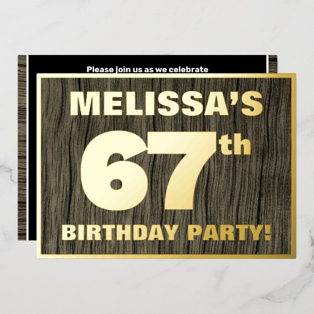 67th Birthday Party: Bold, Faux Wood Grain Pattern Foil Invitation (Front/Back)
