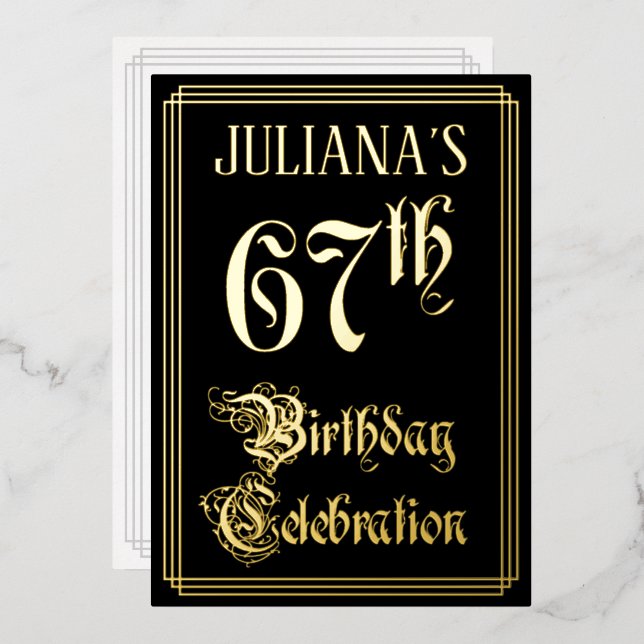 67th Birthday Party — Fancy Script & Custom Name Foil Invitation (Front/Back)