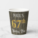 [ Thumbnail: 67th Birthday Party — Faux Gold & Faux Wood Looks Paper Cups ]