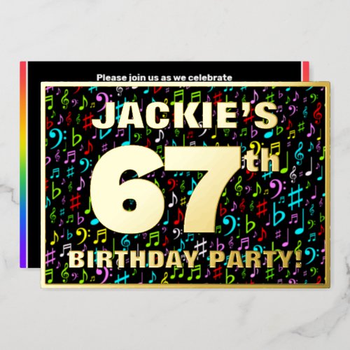 67th Birthday Party  Fun Colorful Music Symbols Foil Invitation