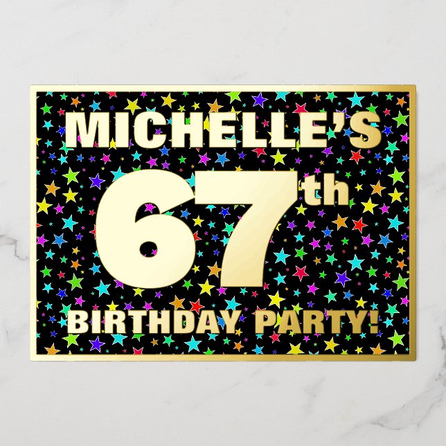 67th Birthday Party — Fun, Colorful Stars Pattern Foil Invitation (Front)
