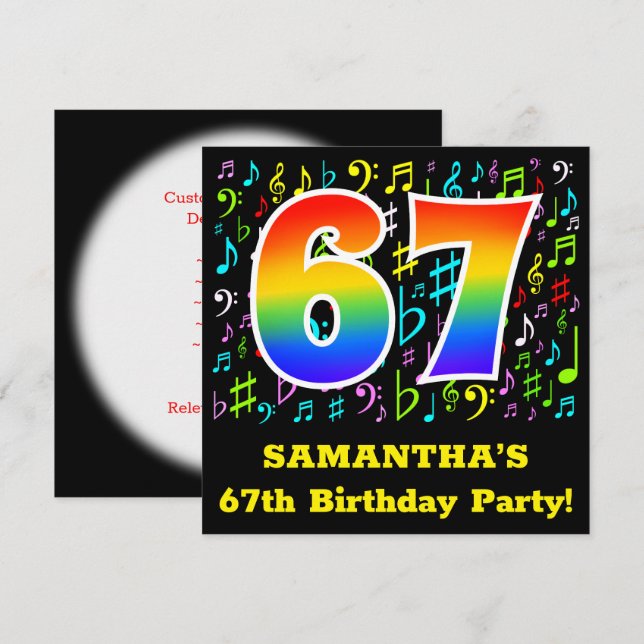 67th Birthday Party: Fun Music Symbols, Rainbow 67 Invitation (Front/Back)