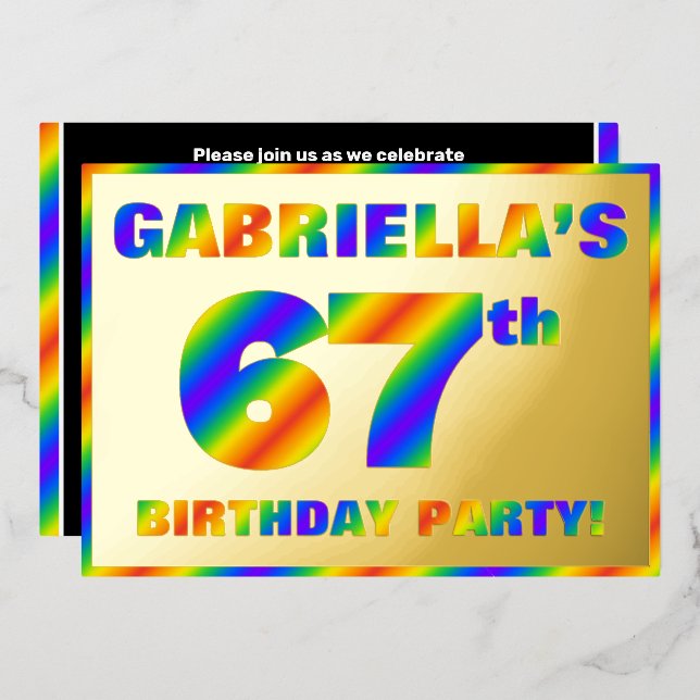 67th Birthday Party — Fun, Rainbow Spectrum “67” Foil Invitation (Front/Back)