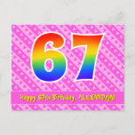 [ Thumbnail: 67th Birthday: Pink Stripes & Hearts, Rainbow 67 Postcard ]