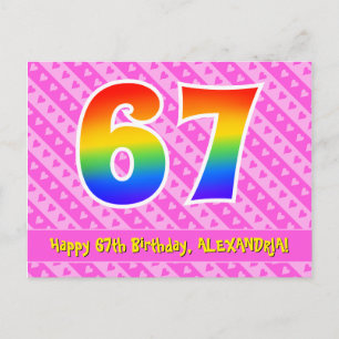 67th Birthday: Pink Stripes & Hearts, Rainbow 67 Postcard