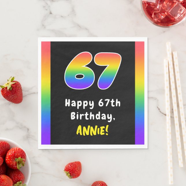67th Birthday: Rainbow Spectrum # 67, Custom Name Napkins (Insitu)
