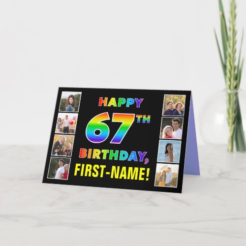 67th Birthday Rainbow Text Custom Photos  Name Card