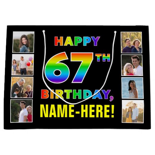 67th Birthday Rainbow Text Custom Photos  Name Large Gift Bag