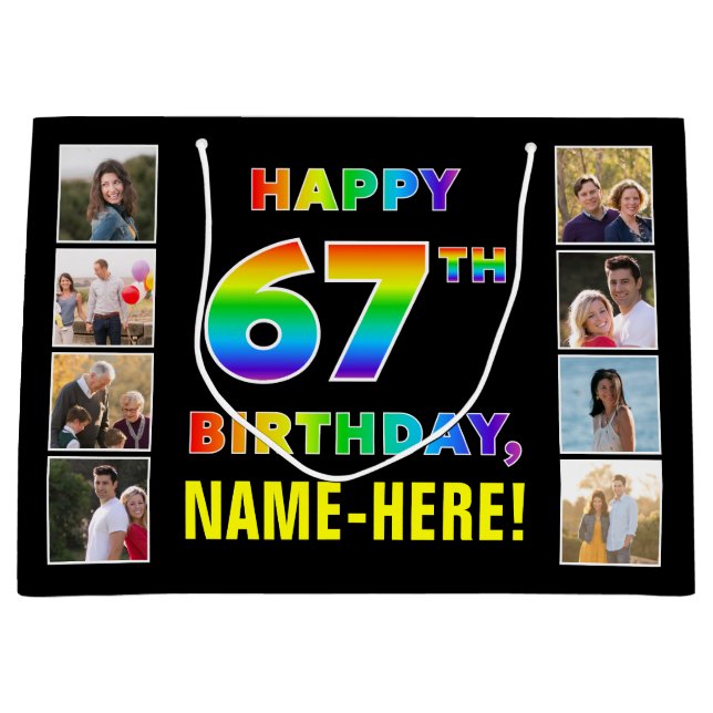 67th Birthday: Rainbow Text, Custom Photos & Name Large Gift Bag (Front)