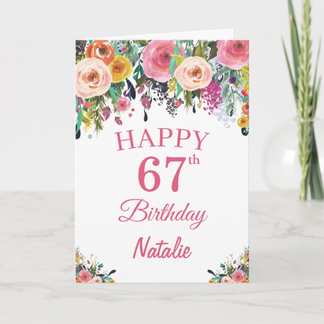 67th Birthday Watercolor Floral Flowers Pink Card (Front)