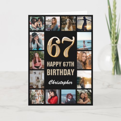 67th Happy Birthday Black and Gold Photo Collage Card