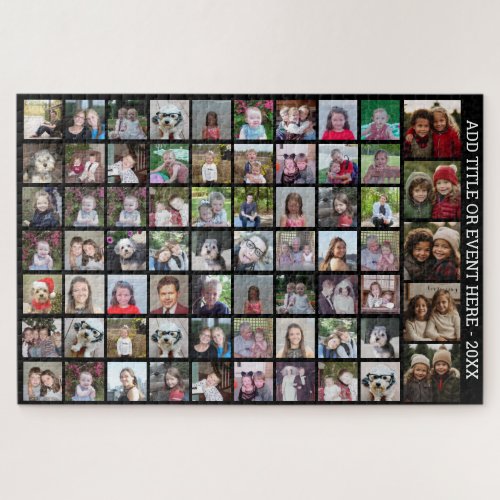68 Square Photo Collage Grid _ Custom Text _ Black Jigsaw Puzzle