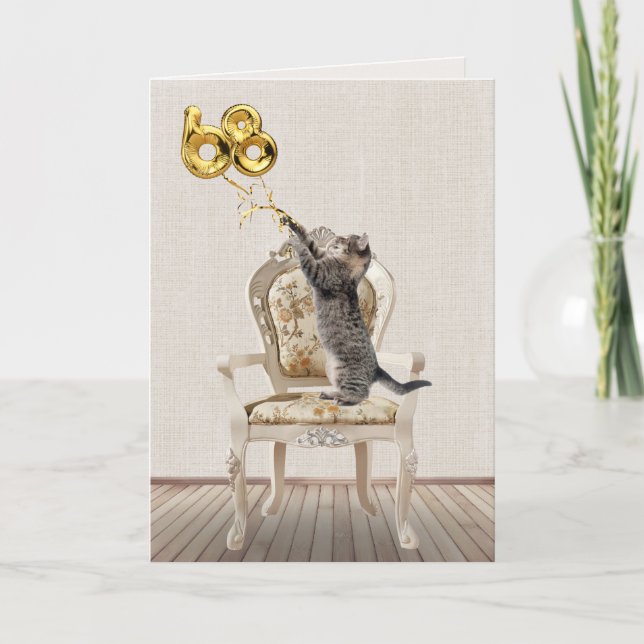 68th Birthday Balloons and Tabby Cat Card (Front)