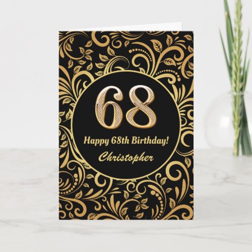 68th Birthday Black and Gold Floral Pattern Card