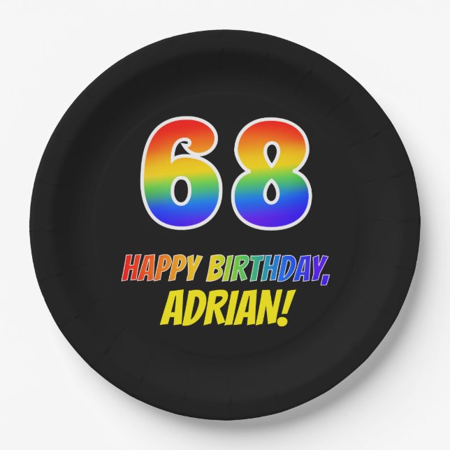68th Birthday: Bold, Fun, Simple, Rainbow 68 Paper Plates (Front)