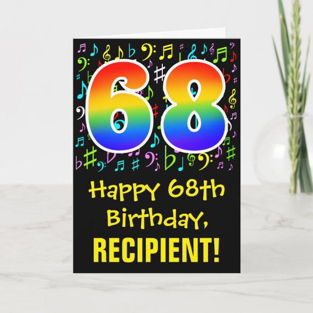 68th Birthday: Colorful Music Symbols + Rainbow 68 Card (Front)