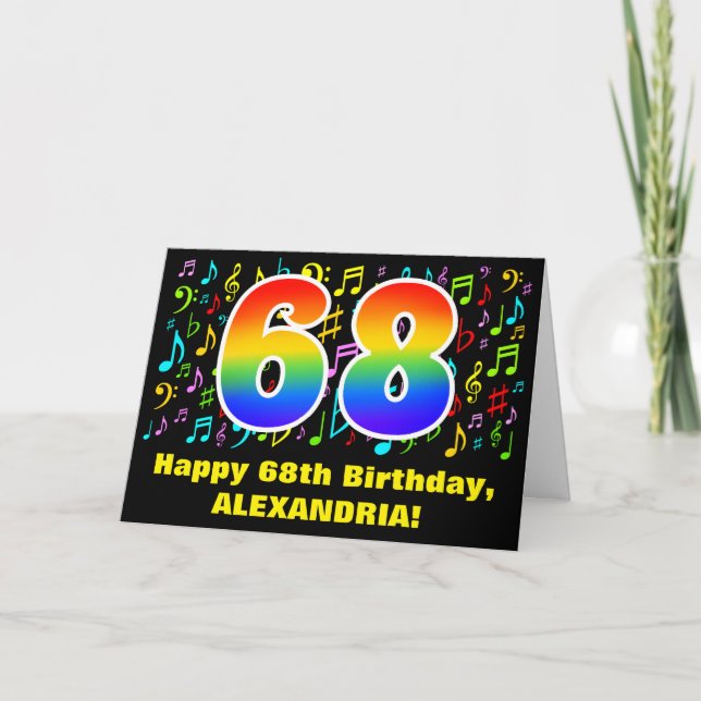 68th Birthday: Colorful Music Symbols & Rainbow 68 Card (Front)