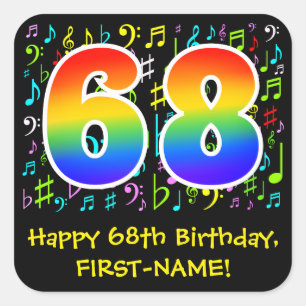 68th Birthday: Colorful Music Symbols, Rainbow 68 Square Sticker