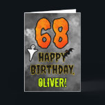 68th Birthday: Eerie Halloween Theme   Custom Name Card<br><div class="desc">The front of this spooky and scary Halloween themed birthday greeting card design features a large number “68”. It also features the message “HAPPY BIRTHDAY, ”, and a customizable name. There are also depictions of a ghost and a bat on the front. The inside features a personalized birthday greeting message,...</div>
