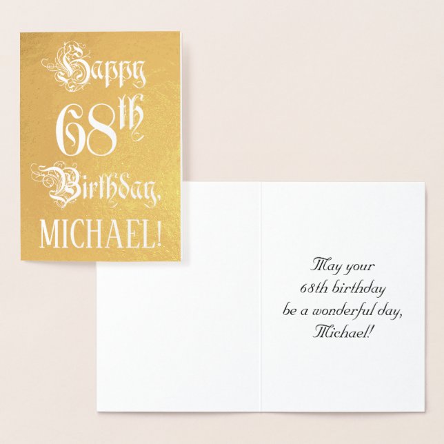 68th Birthday: Elegant, Ornate Script; Custom Name Foil Card (Display)