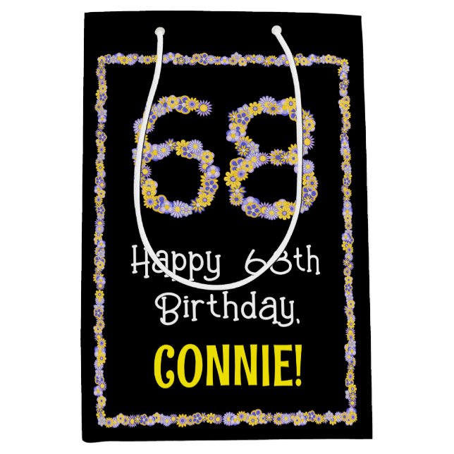 68th Birthday: Floral Flowers Number, Custom Name Medium Gift Bag (Front)