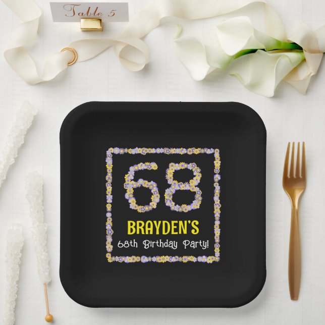 68th Birthday: Floral Flowers Number, Custom Name Paper Plates (Wedding)