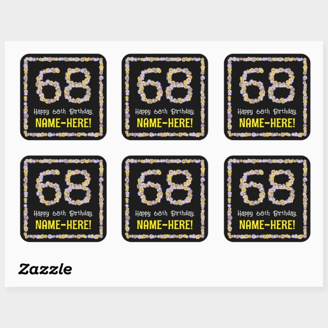 68th Birthday: Floral Flowers Number, Custom Name Square Sticker (Sheet)