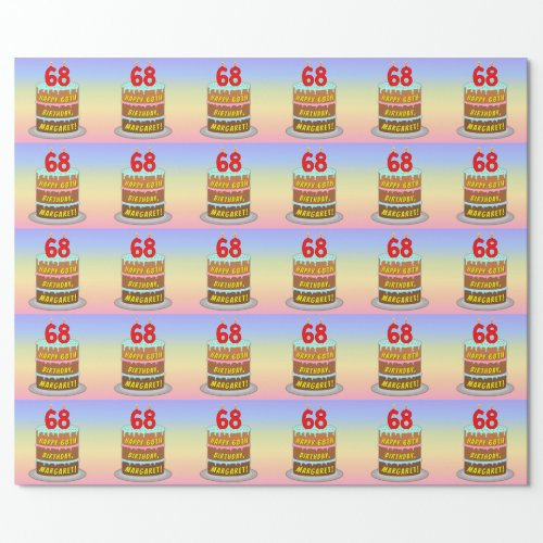 68th Birthday Fun Cake and Candles  Custom Name Wrapping Paper