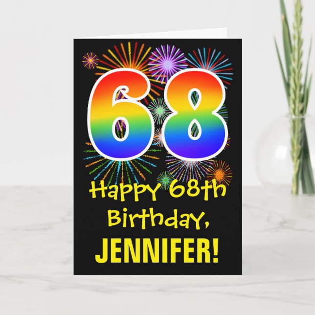 68th Birthday: Fun Fireworks Pattern + Rainbow 68 Card (Front)