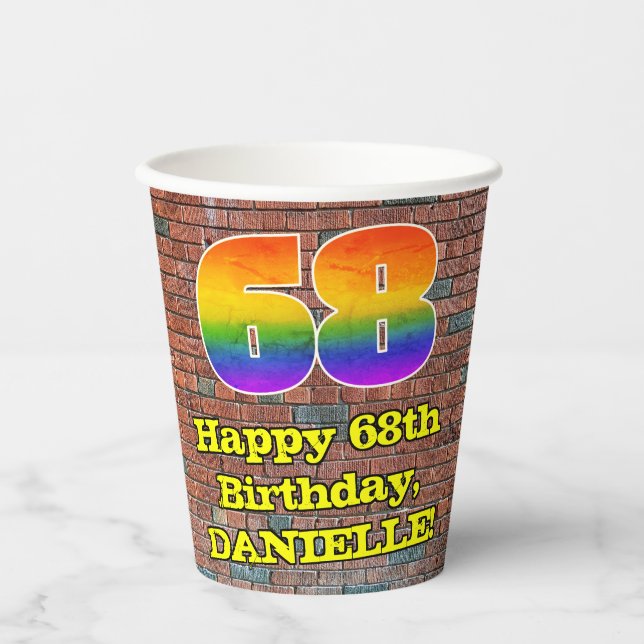 68th Birthday: Fun Graffiti-Inspired Rainbow 68 Paper Cups (Front)