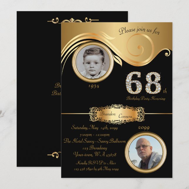 68th,Birthday Man 68th,elegant art deco,black gold Invitation (Front/Back)
