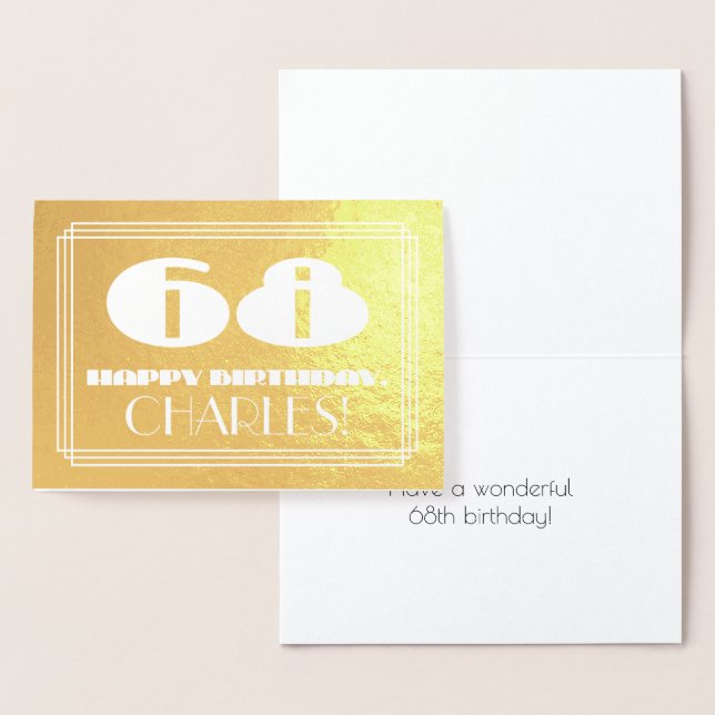 68th Birthday: Name + Art Deco Inspired Look "68" Foil Card (Display)