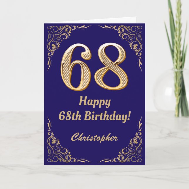 68th Birthday Navy Blue and Gold Glitter Frame Card (Front)