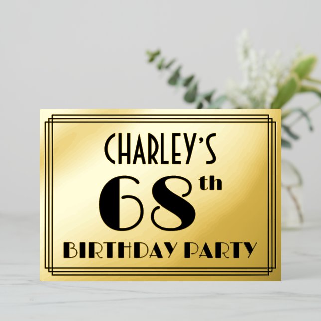 68th Birthday Party — Art Deco Look “68” + Name Foil Invitation (Standing Front)