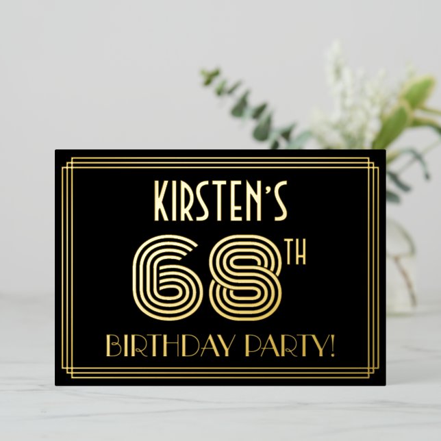 68th Birthday Party — Art Deco Style “68” + Name Foil Invitation (Standing Front)