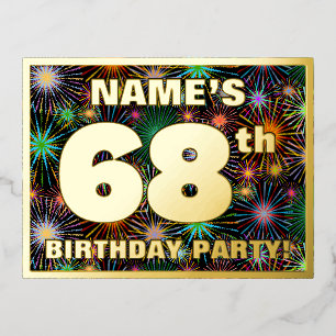 68th Birthday Party: Bold, Colorful Fireworks Look Foil Invitation Postcard