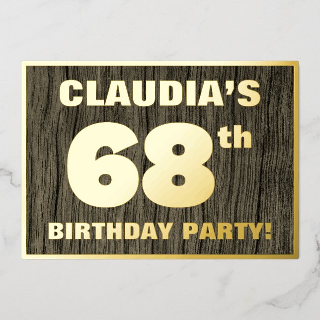 68th Birthday Party: Bold, Faux Wood Grain Pattern Foil Invitation (Front)