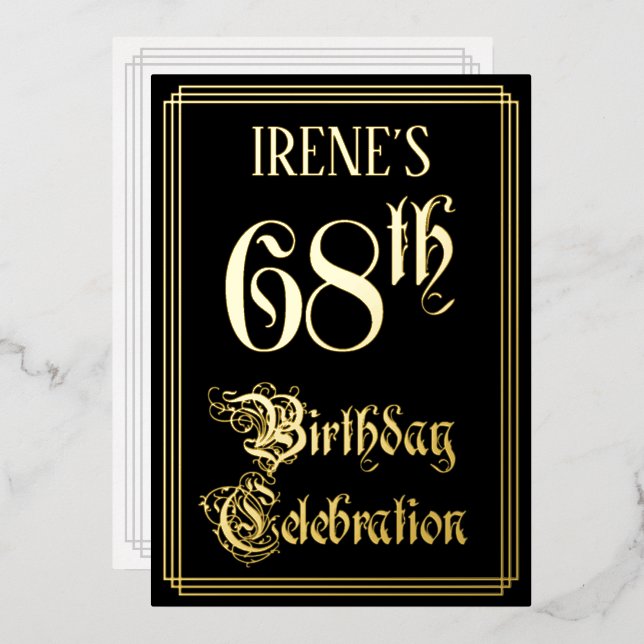 68th Birthday Party — Fancy Script & Custom Name Foil Invitation (Front/Back)