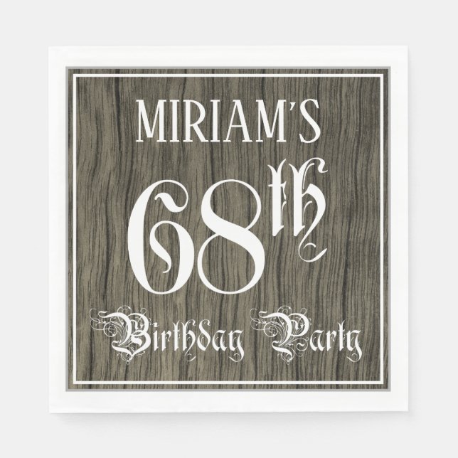 68th Birthday Party — Fancy Script, Faux Wood Look Napkins (Front)