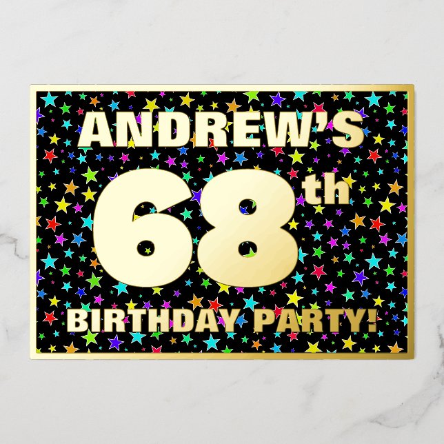 68th Birthday Party — Fun, Colorful Stars Pattern Foil Invitation (Front)