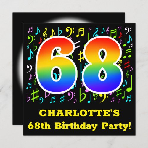 68th Birthday Party Fun Music Symbols Rainbow 68 Invitation